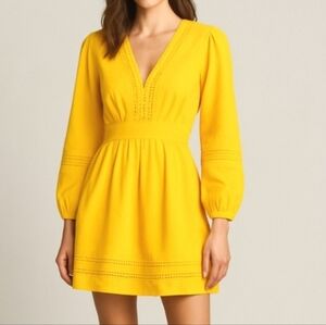 New J Crew Yellow Cotton V Neck Mini Eyelet Statement Sleeve Dress Small